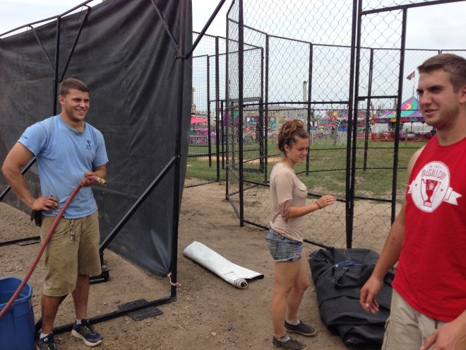 Maddy drying off after being "dumped" into a bucket of water to beat the heat.
